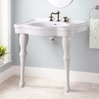 Jasmine White Console Bathroom Sink 32.5" Wide 2 Spindle Pedestal Leg Supports Heavy Duty Porcelain Wall Mount Console Sink With Overflow and Widespread Faucet Holes Renovators Supply Manufacturing