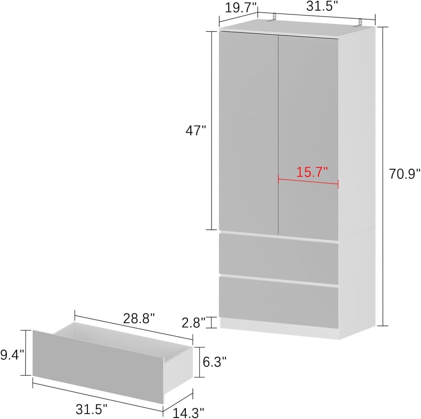 FUFU&GAGA Wardrobe with Mirror Door & Drawers, White Mirror Wardrobe Closet | Full Length Mirrored Armoire, Shelf, Hanging Rod, Clothes Storage Cabinet for Bedroom Cloakroom, 31.5”W x 19.7’D x 70.9”H