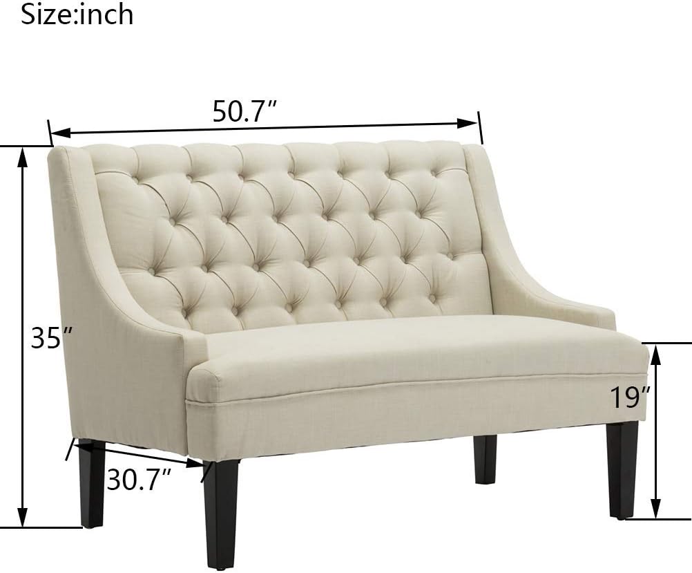Tongli 50" Small Modern Loveseat Settee Sofa Linen Fabric 2-Seat Sofa Couch Tufted Love Seat Dining Bench with Back Upholstered Banquette Sofas for Living Room Bedroom Small Space Entryway