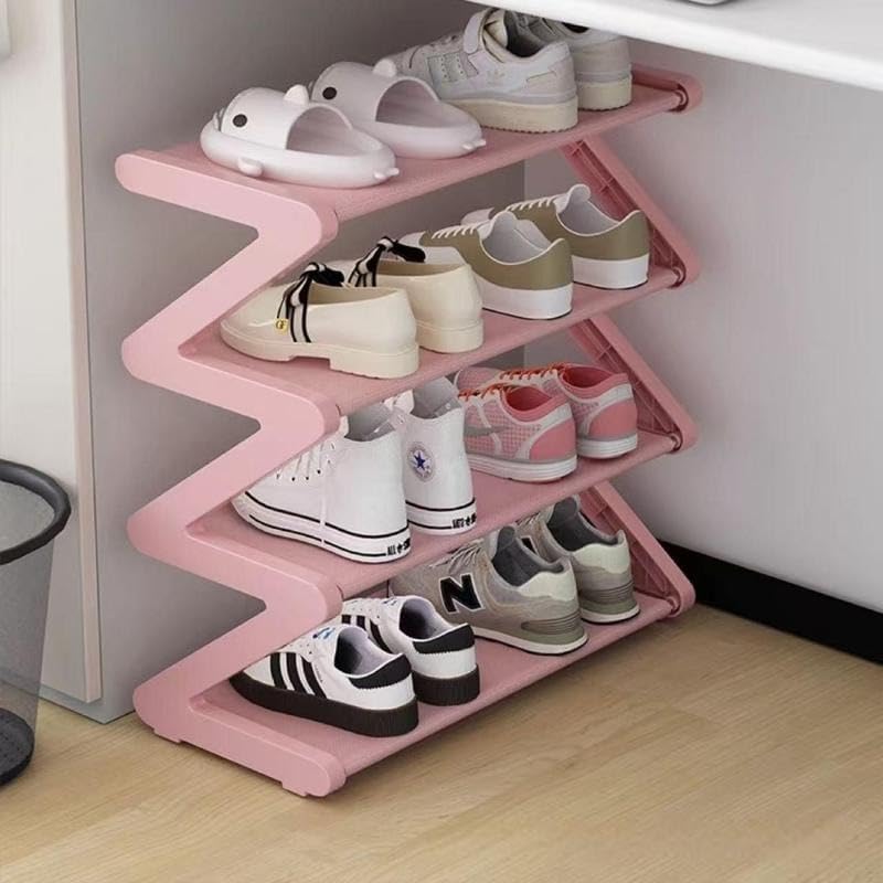 4 Layer Z Shaped Shoe Rack, Easy To Assemble Shoes Storage Rack, Stackable Home Organizer for Living Room, Dormitory, School (pink)