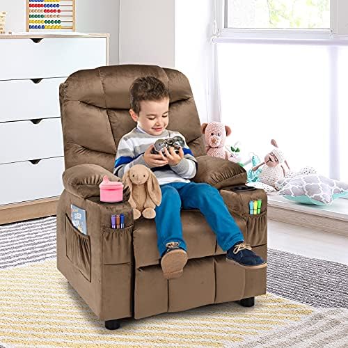 Kids Recliner, Kids Recliner Chair w/ 2 Cup Holders, Velvet Fabric Chairs Comfy w/Adjustable Backrest & 3 Pockets, Toddler Furniture Sofa for Boys Girls Aged 3+