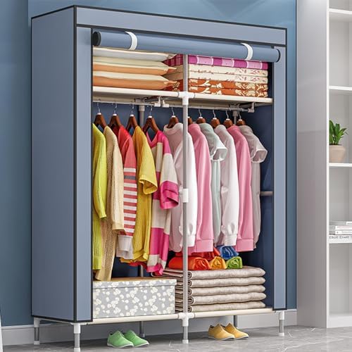 Portable Canvas Wardrobes for Bedroom,Canvas Wardrobe,Foldable Clothes Storage Organiser with Shelves,2 Hanging Rail,Clothing Wardrobe Shelves Cupboard,Grey