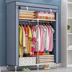 Portable Canvas Wardrobes for Bedroom,Canvas Wardrobe,Foldable Clothes Storage Organiser with Shelves,2 Hanging Rail,Clothing Wardrobe Shelves Cupboard,Grey