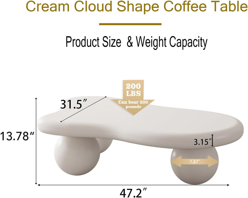 47" Cloud Coffee Table for Living Room Irregular Coffee Table Modern Low Coffee Tables Abstract Faux Stone Cute Center Table with 3 Ball Legs for Small Space Apartment