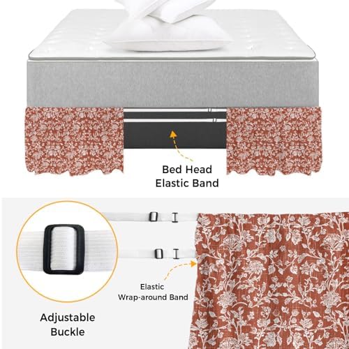 Botanical Rose Bed Skirt Queen Size 16 Inch Drop, Elastic Wrap Around Bed Skirts Pleated Dust Ruffles for Twin Full Queen Cal King Base Bed, Vintage Terracotta Orange Floral Leaf Farmhouse