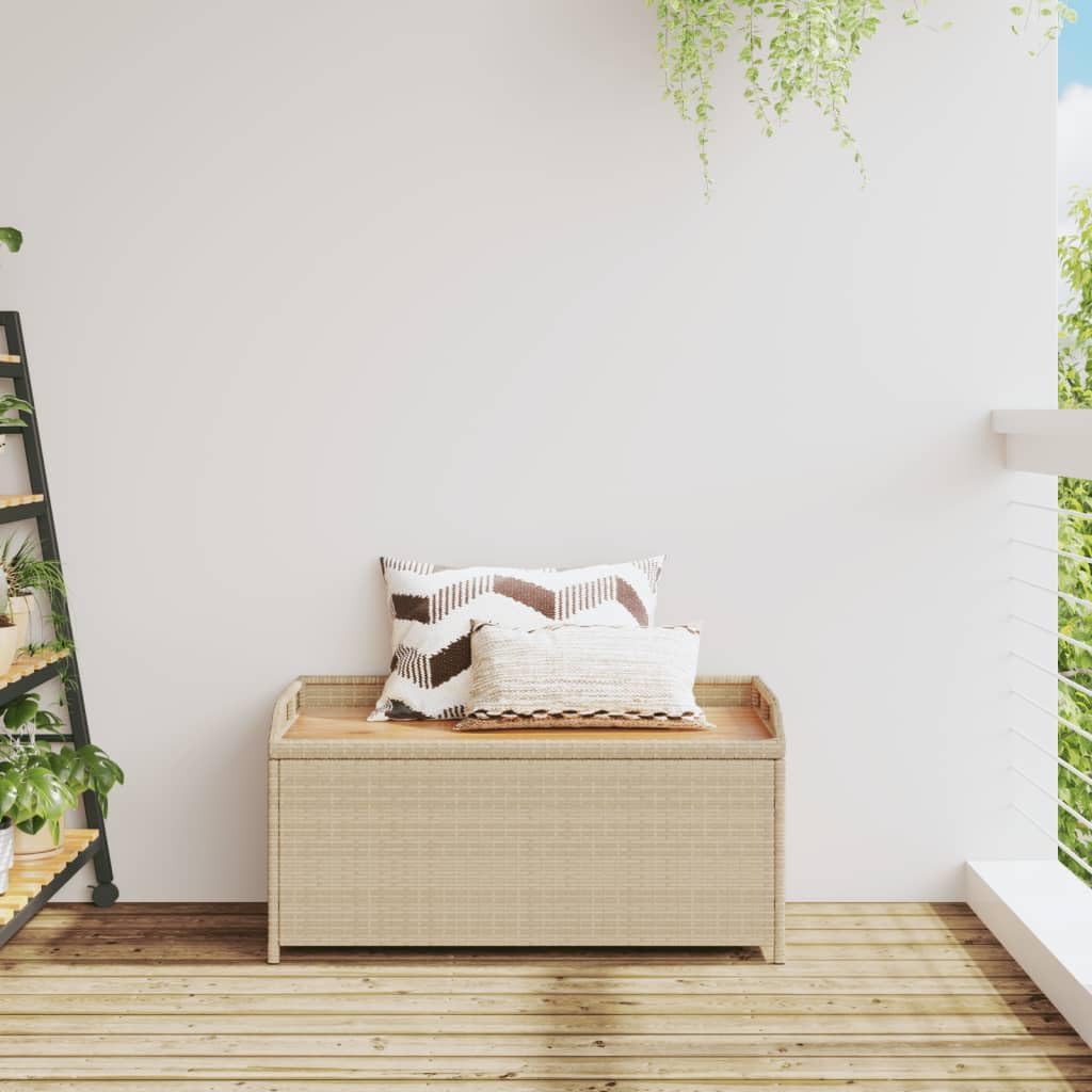 Beige Brown Outdoor Storage Bench, Acacia Wood Poly Rattan Patio Furniture, Weatherproof Garden Seating for Porch, 2-Person Capacity Bench Seating