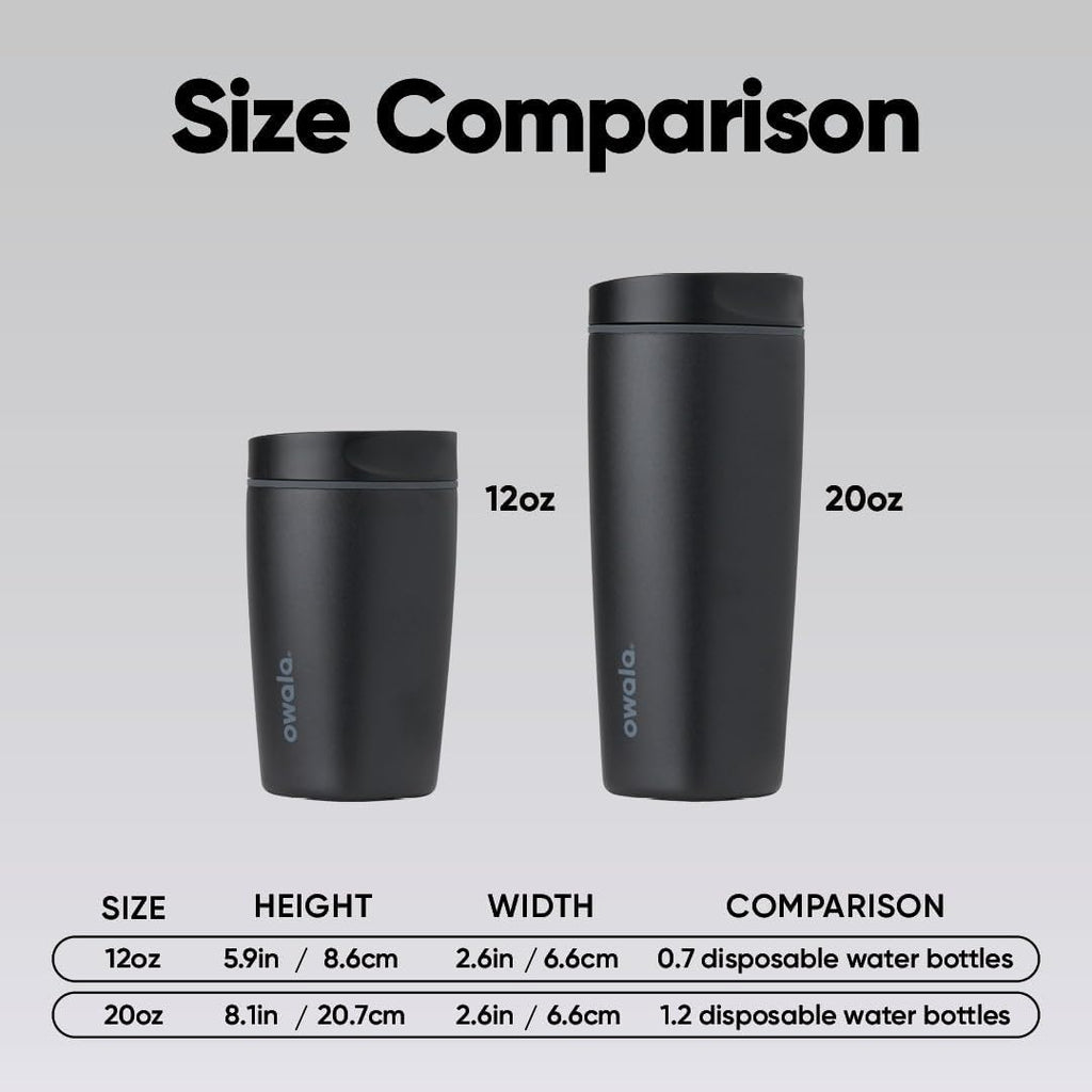 Owala SmoothSip Slider Ceramic-Lined Insulated Stainless Steel Coffee Tumbler, No Metallic Taste Reusable Travel Mug, Hot Iced Coffee Cup, BPA Free 20 oz, Very, Very Dark