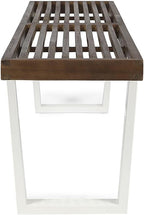 Modern Acacia Wood Dining Bench with Black Iron Legs, Contemporary Outdoor Patio Seat for Garden, Deck or Kitchen (Brown White + Acacia Wood)