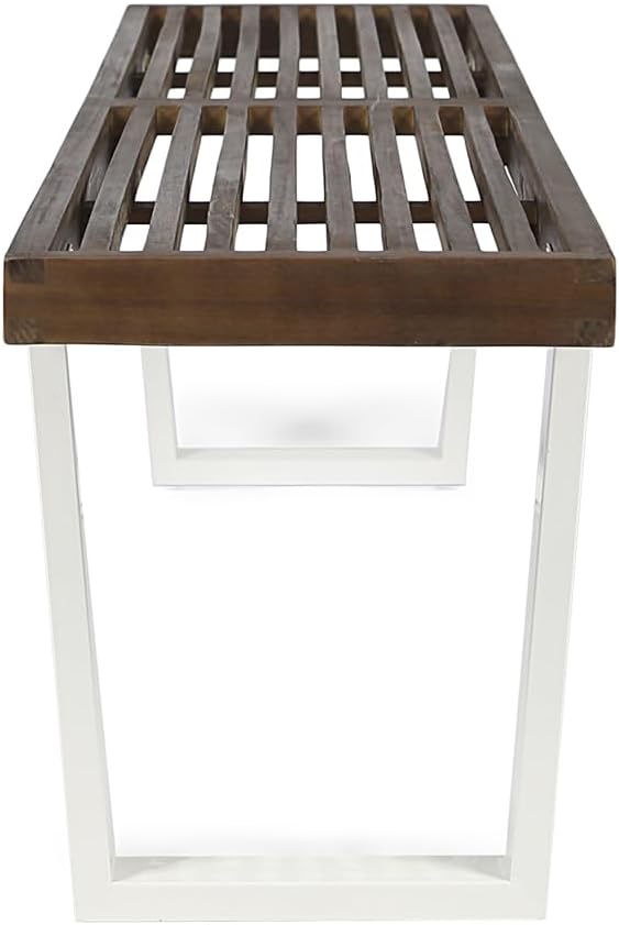 Modern Acacia Wood Dining Bench with Black Iron Legs, Contemporary Outdoor Patio Seat for Garden, Deck or Kitchen (Brown White + Acacia Wood)
