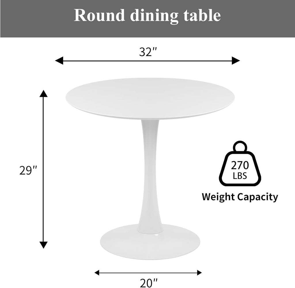 32" White Round Dining Table, Mid-Century Modern Circular Tulip Table with Thickened Top & Sturdy Metal Pedestal, Small Round Bistro Kitchen Table for for 4 People, Easy Assembly