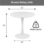 32" White Round Dining Table, Mid-Century Modern Circular Tulip Table with Thickened Top & Sturdy Metal Pedestal, Small Round Bistro Kitchen Table for for 4 People, Easy Assembly