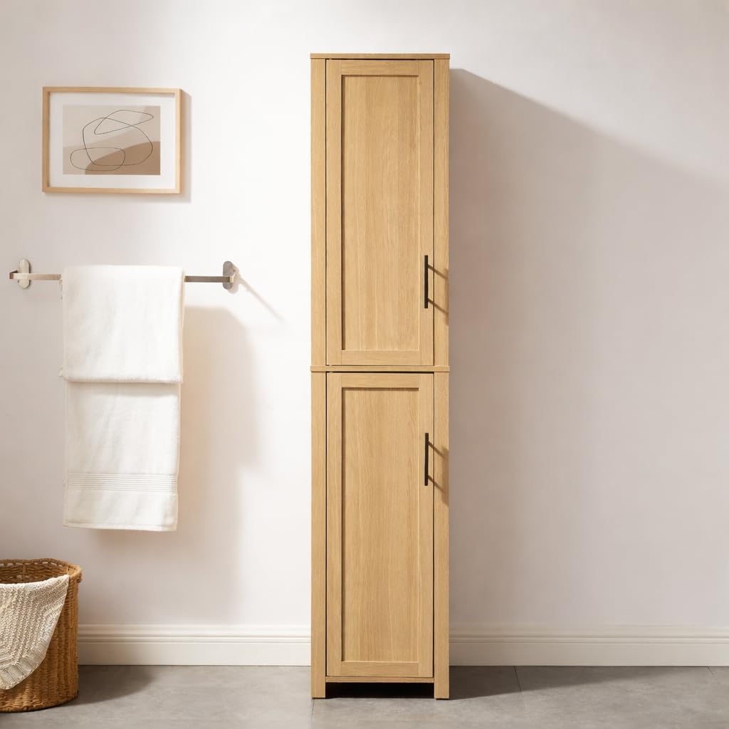 Crosley Furniture Savannah Linen Storage Cabinet, Laundry Room, Bathroom Organizer with Shelves, Natural