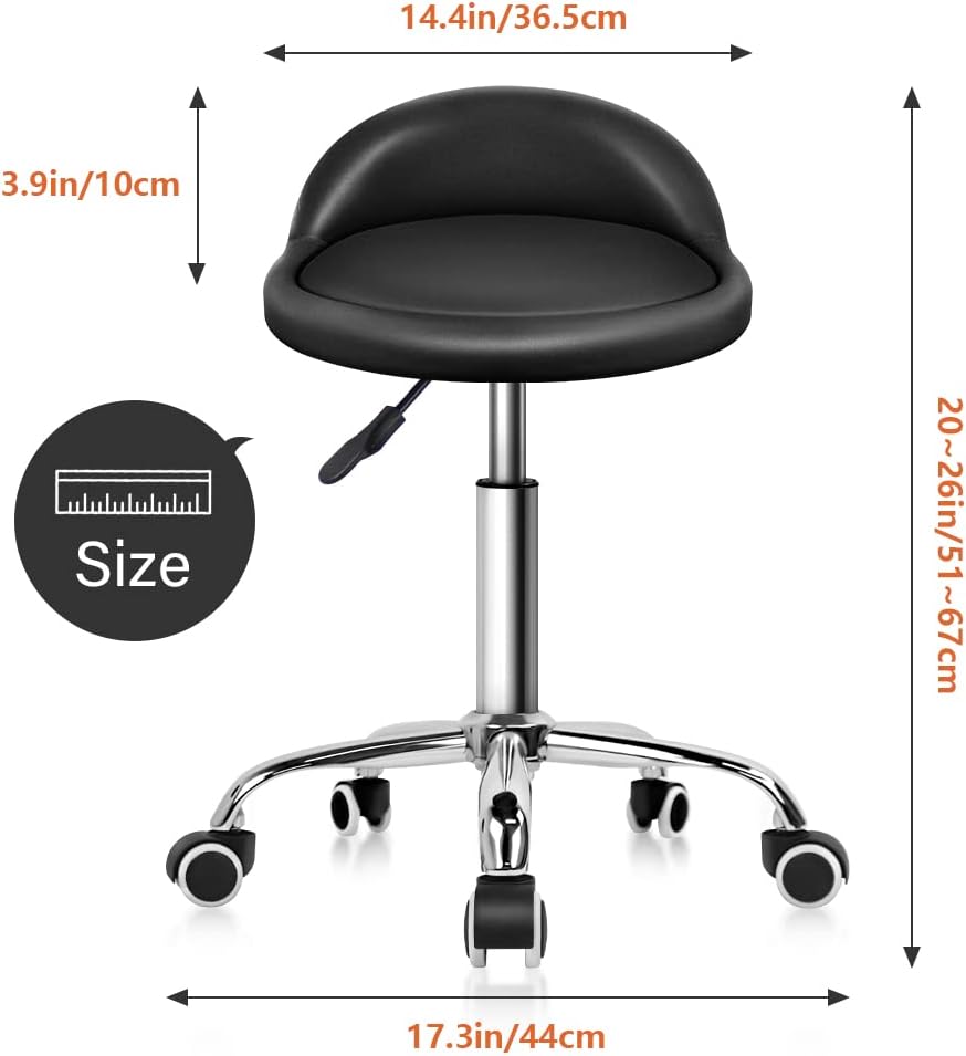 KKTONER PU Leather Round Rolling Stool with Back Rest Height Adjustable Swivel Drafting Work SPA Task Chair with Wheels Black