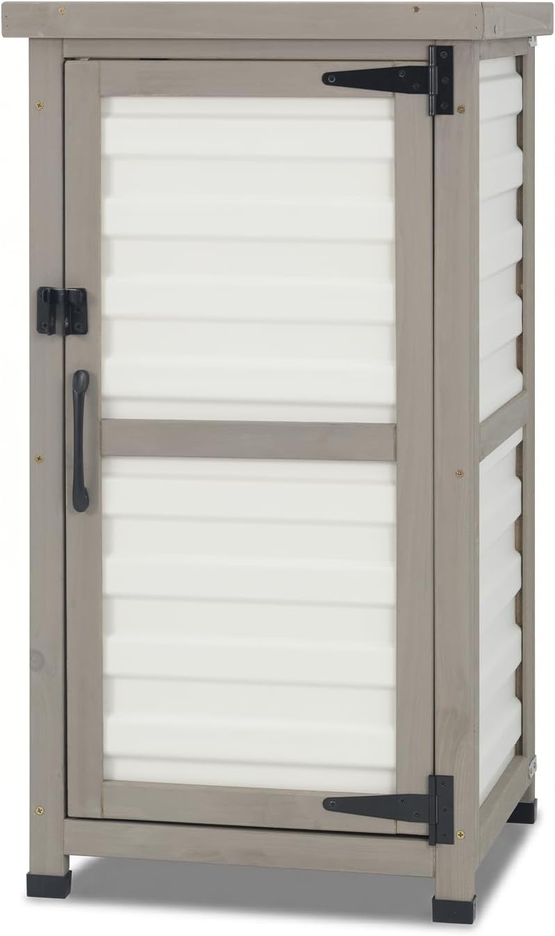 Small Outdoor Storage Cabinet with Metal Top, 2-Tier Patio Potting Bench & Garden Tool Organizer, Adjustable Shelf Corner Storage Cabinet for Balcony Backyard Porch