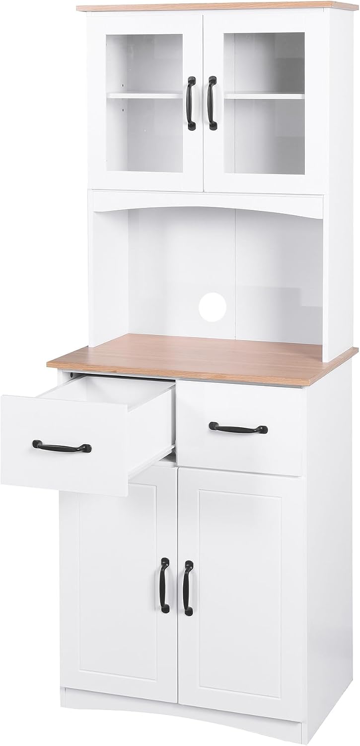 67'' H Kitchen Pantry Cabinet, Modern White Tall Storage Cabinet with Glass Doors and Drawers, Kitchen Storage Microwave Cabinet for Dining Room