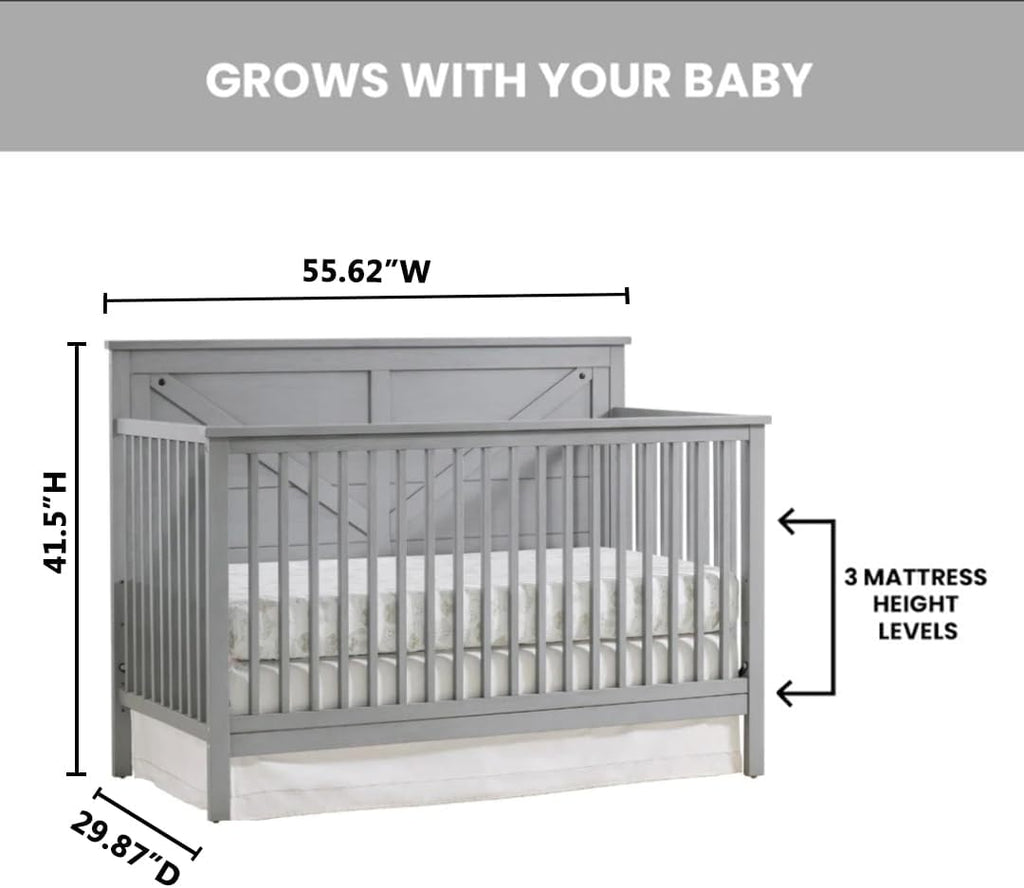 Oxford Baby Montauk 4-in-1 Convertible Crib, Farmhouse Gray, GreenGuard Gold Certified