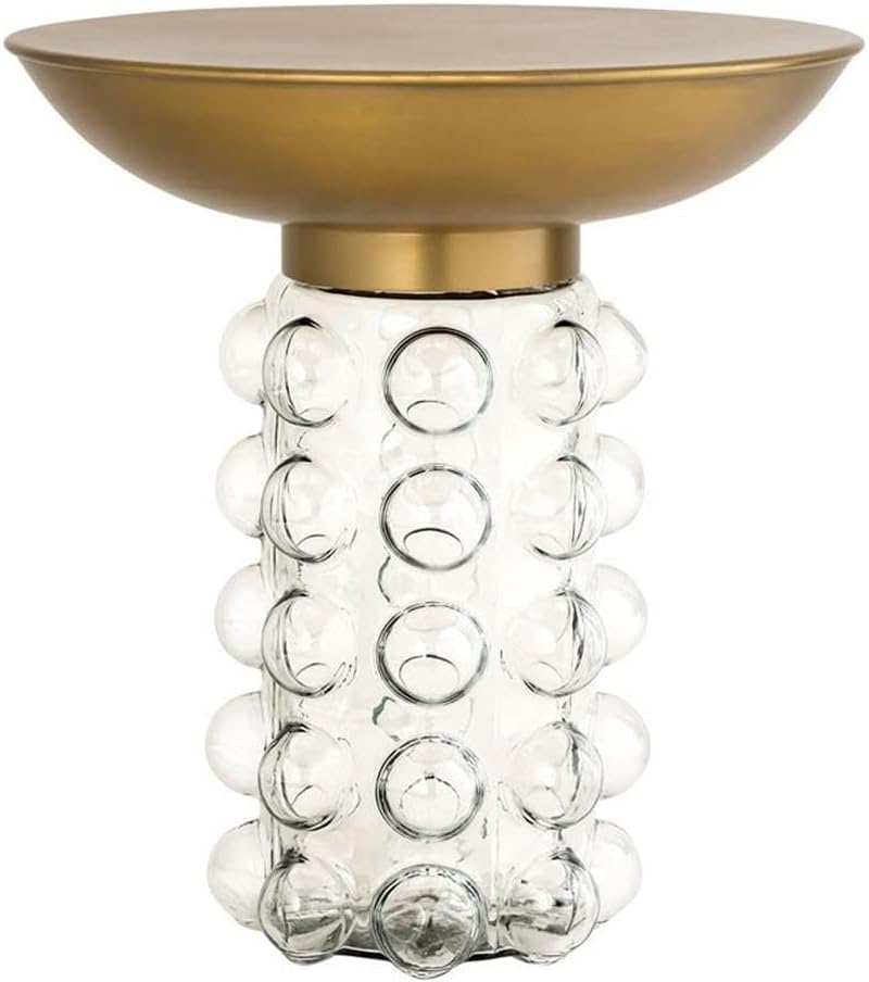 Pemberly Row 19" H Transitional Glass Side Table, Antique Brass Finish, Handcrafted Round Iron Top, Transparent Glass Base Design, Elegant Accent Table for Living Room Use, 17.2" W x 17.2" D