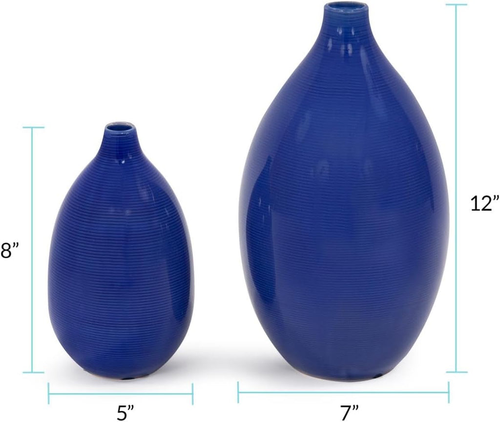 Howard Elliott Collection Glazed Ceramic Flower Or Decorative Home Vase Set, Cobalt Blue, 2 Piece, 7 x 12 Inch and 5 x 8 inch