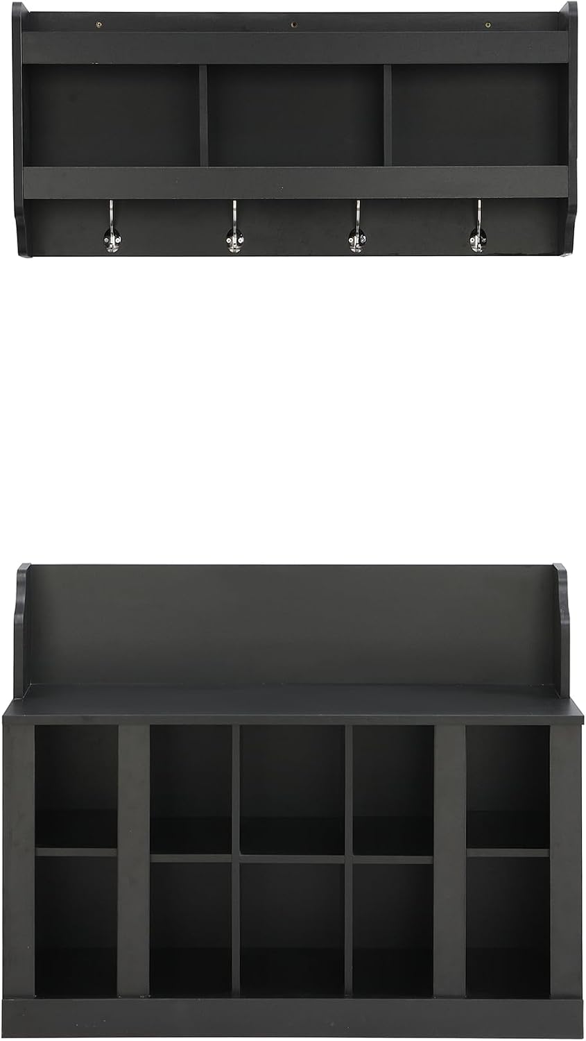Shoe Storage Bench with Shelves and 4 Hooks, Elegant Hall Tree with Shoes Cubbies and Wall Mounted Coat Rack, Entryway Organizer For Hallway, Foyer, Mudroom, Black