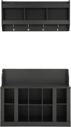 Shoe Storage Bench with Shelves and 4 Hooks, Elegant Hall Tree with Shoes Cubbies and Wall Mounted Coat Rack, Entryway Organizer For Hallway, Foyer, Mudroom, Black