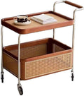 Rustic Side Table Side Table Second-Hand Trolley Wood Rattan Living Room Mobile Storage Rack Double Layer with Wheels Dining Sideboard Home End Table for Living Room