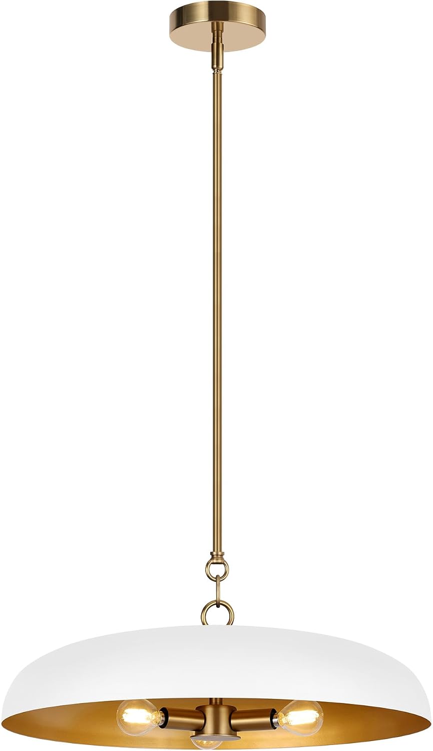 LamQee 20 Inch Oversized Large Pendant Lights, 3-Lights White and Gold Dome Chandelier, Mid Century Modern Metal Pendant Lighting Fixture Ceiling Hanging for Kitchen Island Dining Room Over Table Bar