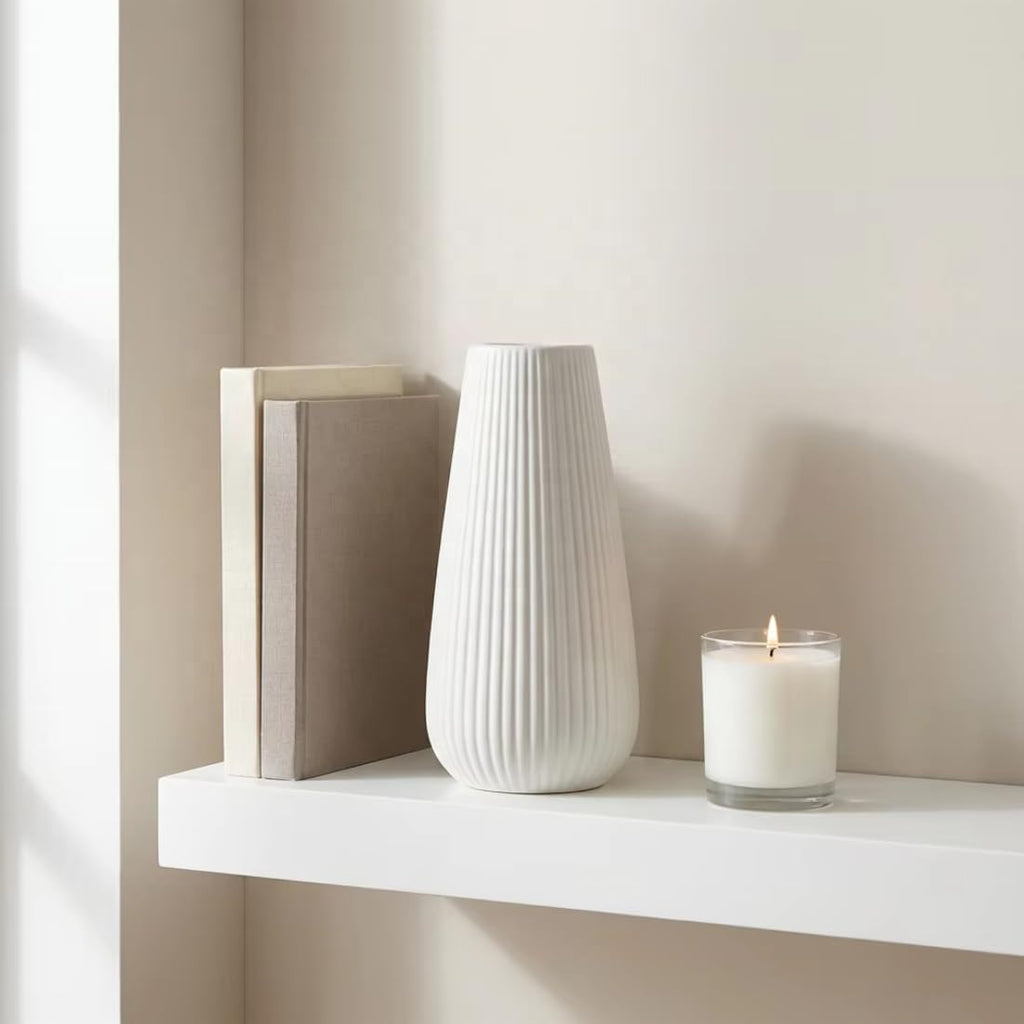 Luxury White Ceramic Vase, 8 Inch Modern Ribbed Fluted Design, Flower Vase for Home Decor, Cute Vase for Pampas Grass, Living Room, Dining Table, Farmhouse, Office, Bedroom, Kitchen Shelf