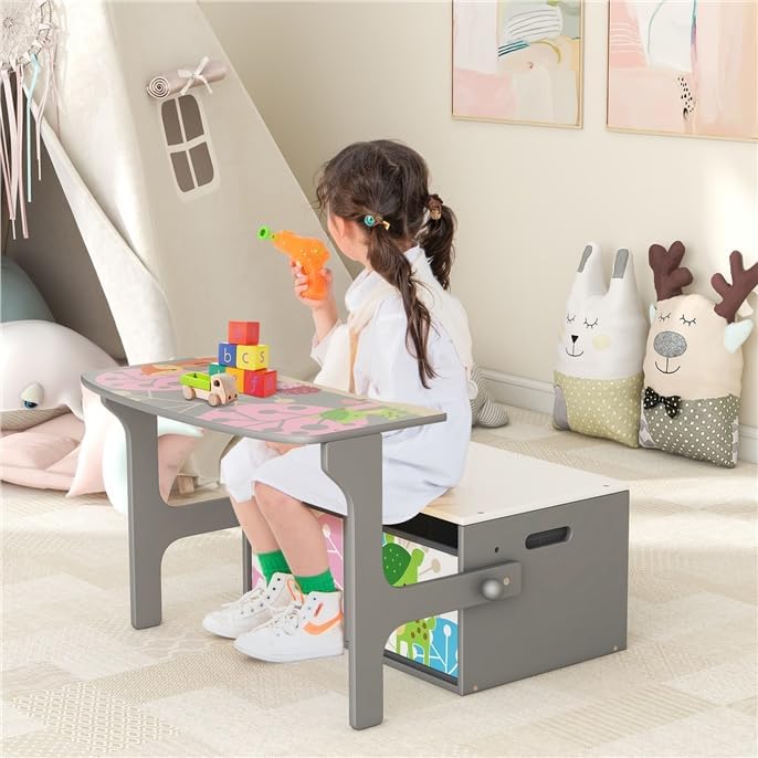Byroce Kids Storage Bench with 2 Fabric Drawers, Multifunctional Toy Organizer Bench with T-Shaped Armrests, Convertible Activity Table and Chair Set for Playroom, Bedroom, and Nursery (Gray)