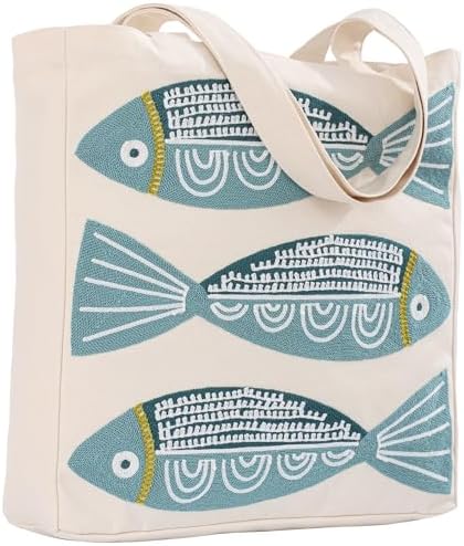 Ocean-Themed Embroidery Tote Bag for Women Summer Canvas Beach Bag Reusable Bag for Shopping Grocery Book
