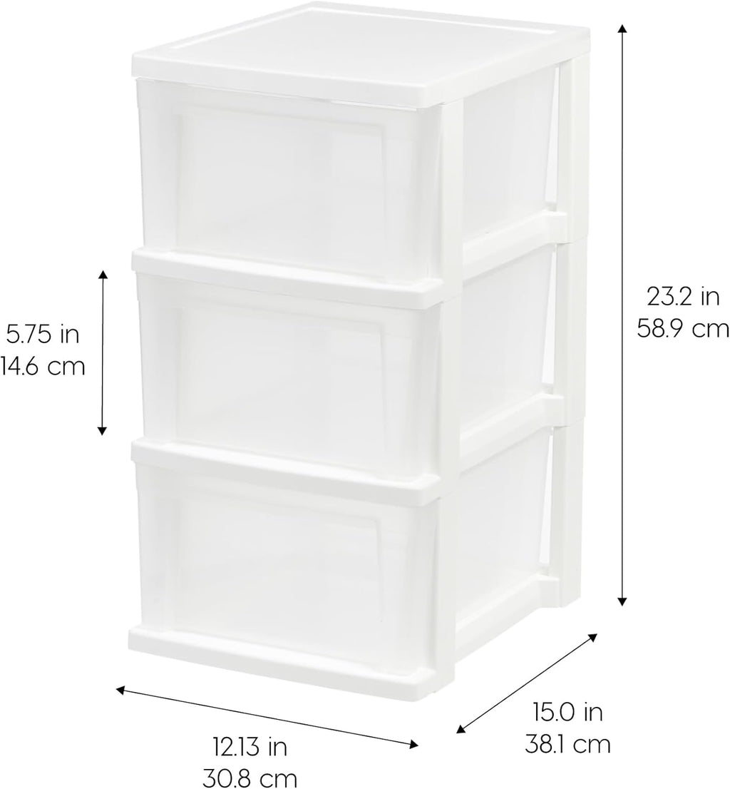 IRIS USA Plastic Drawer Storage Organizer, 3-Drawers, 2-Pack, for Classroom Art Craft Supplies, Bathroom Bedroom, Laundry Room, White/Clear