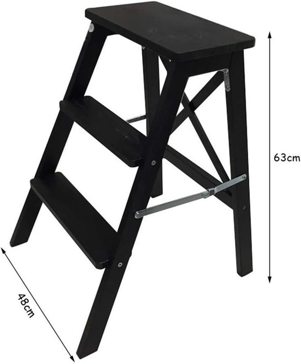 Step Stool 3-Step Black Wood Folding Stepladder & Step Stool - Lightweight Anti-Slip Pedal Design for Home Kitchen - 300 lb Capacity