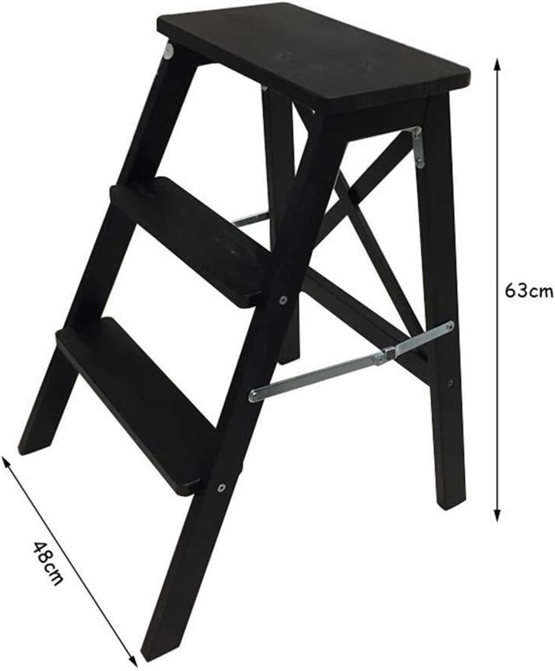 Step Stool 3-Step Black Wood Folding Stepladder & Step Stool - Lightweight Anti-Slip Pedal Design for Home Kitchen - 300 lb Capacity