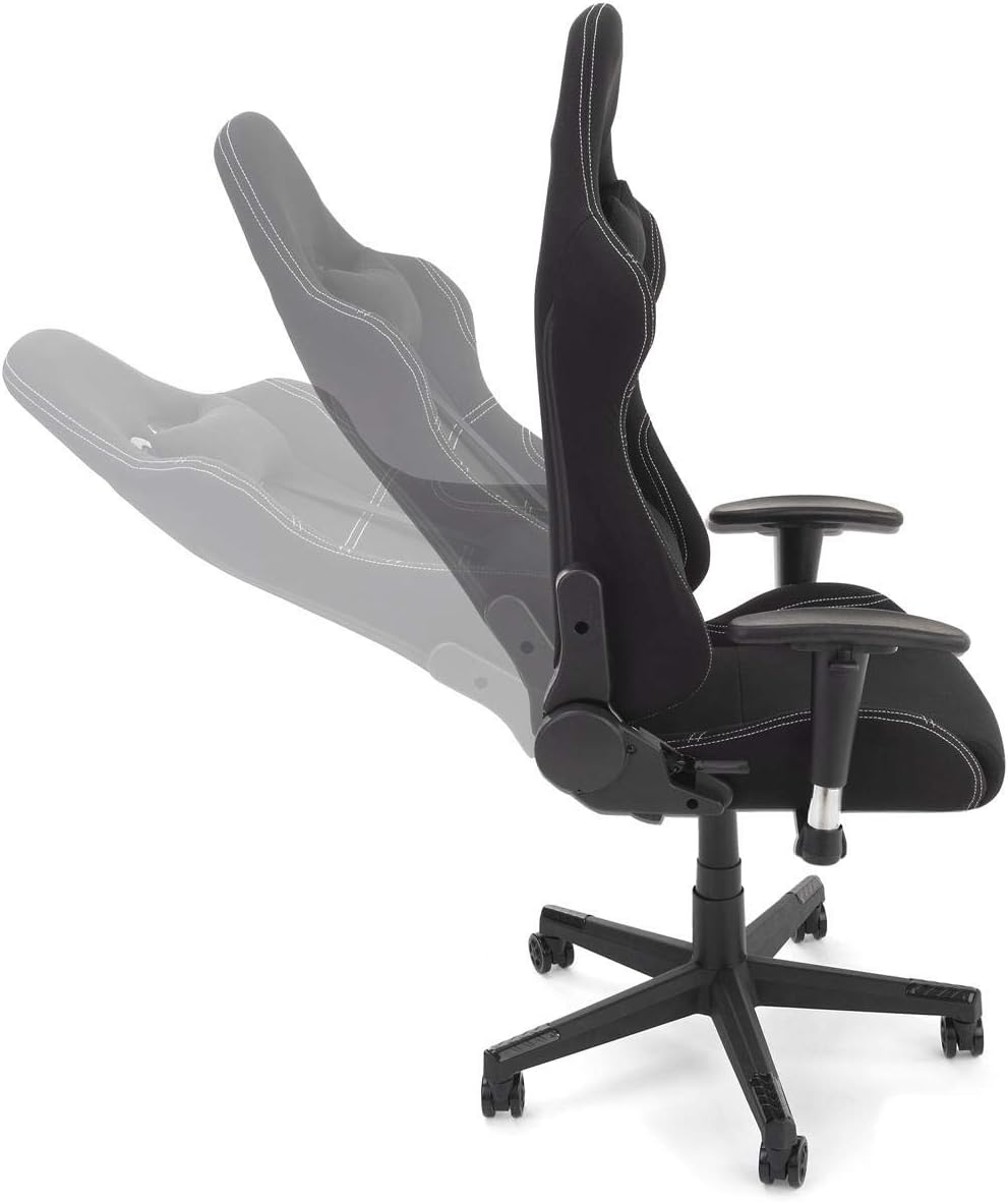 Displays2go Racing Style Gaming Chair for Office and Home Desk, Ergonomic Adjustments and Lumbar Support Pillow, Fabric Seat - Black (FDGAMECHGY)