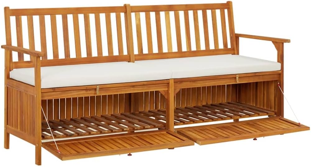 Brown, Cream White Solid Acacia Wood Storage Bench, 67x67x33.1 in, 100% Polyester Fabric, Rustic Outdoor Patio Garden Seating, Entryway Bench Seating