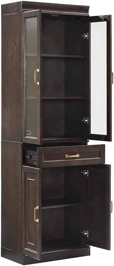 HomeStock Renaissance Refinement Stanton Glass Door Kitchen Storage Pantry Cabinet - 14.5" D x 23.75" W x 78" H, Durable, Adjustable Shelf, Floor Mountable, Rectangular