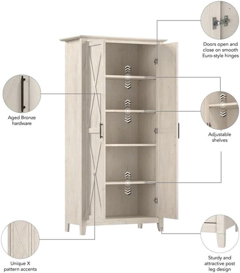 Pemberly Row Engineered Wood Kitchen Pantry Cabinet, Linen White Oak Finish, Adjustable Shelves, Farmhouse Style with Doors, Freestanding Storage for Kitchen, Dining Room or Home Organization