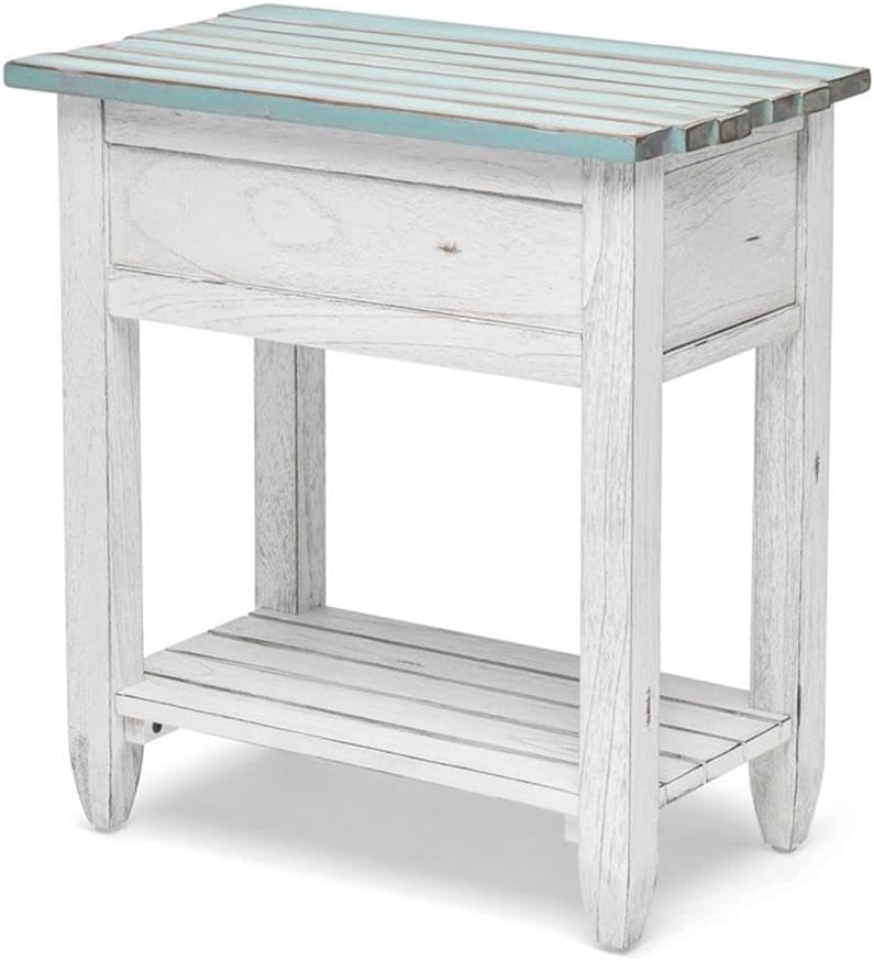 Pemberly Row Contemporary Wood Chairside Table, 25" H x 14" W x 23" D, Mindi and White Cedar, White/Blue Finish, 1 Drawer with Rope Ring Pulls, Coastal Style End Table for Living Room or Bedroom