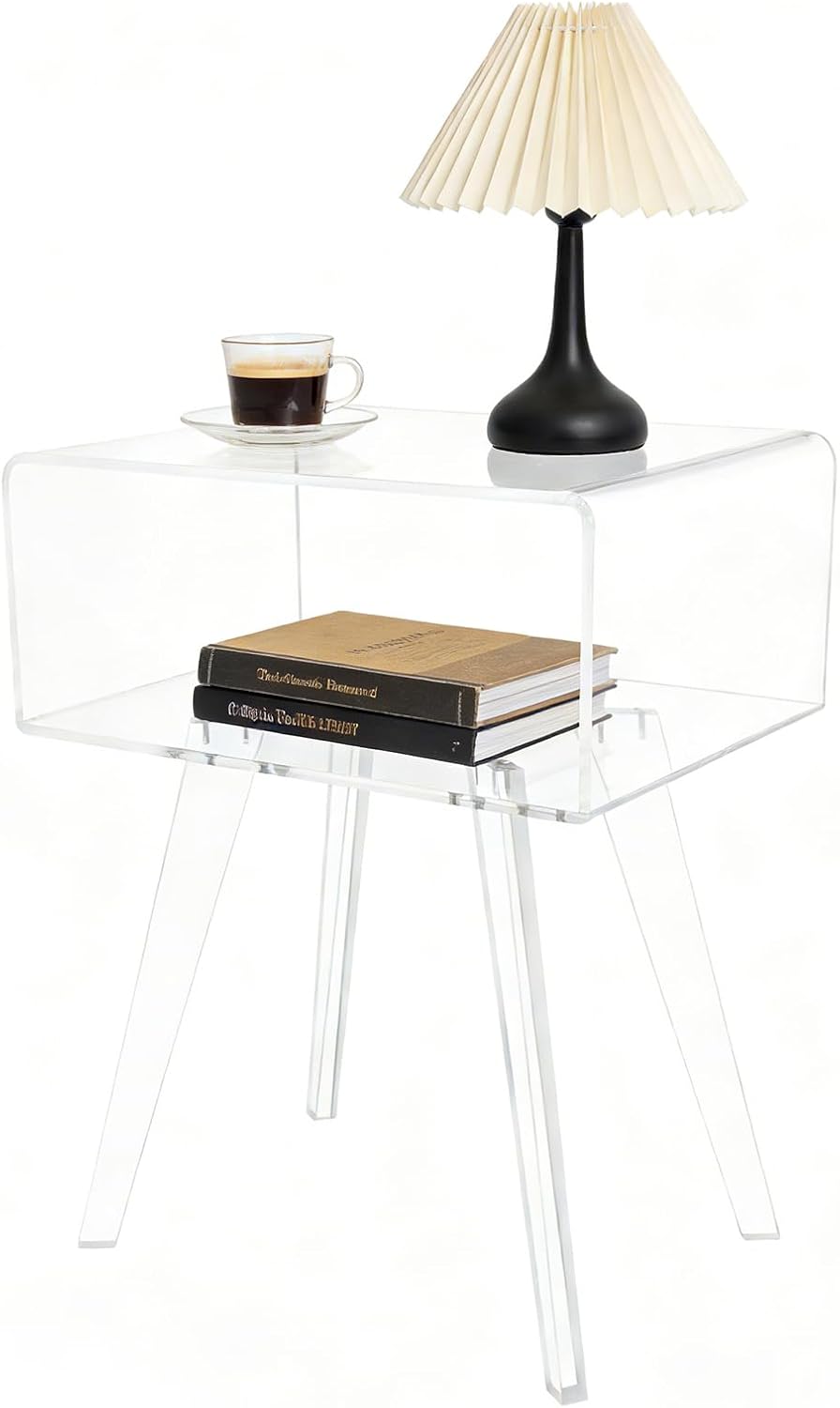 Clear Acrylic Nightstand with 2 Tiers, Modern Transparent Bedside Table, 16.5x11.8x21.7 Inches, Storage Organizer for Bedroom, Living Room, Apartment