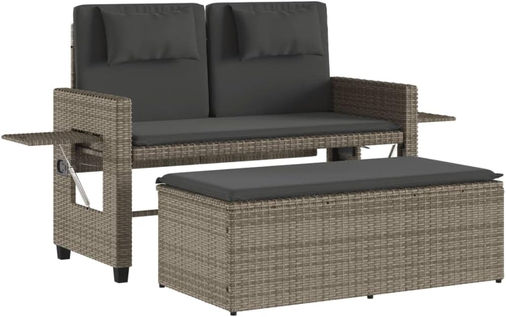 Garden Bench Grey PE Rattan, Powder-Coated Steel, Polyester Medium,Reclining Garden Bench with Adjustable Armrests | WeatherResistant Poly Rattan | Outdoor & Indoor Use Patio Furniture