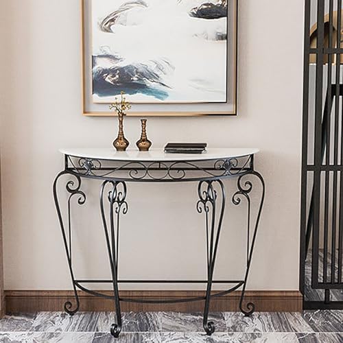 Console Table Decor Entryway Marble Scalloped Tables Behind,Half Moon Console TableFaux Marble Top Entryway Table with Ele Metal Scroll Legs SemiCle Accent Table for Hallway & Living Room (B