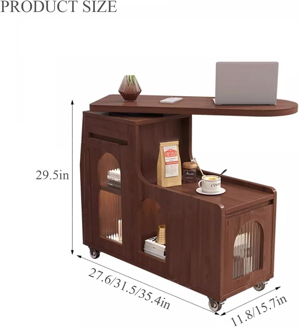 Space-Saving Swivel Trays Timber End Side Table with Storage Cabinet for Living Room and Bedroom