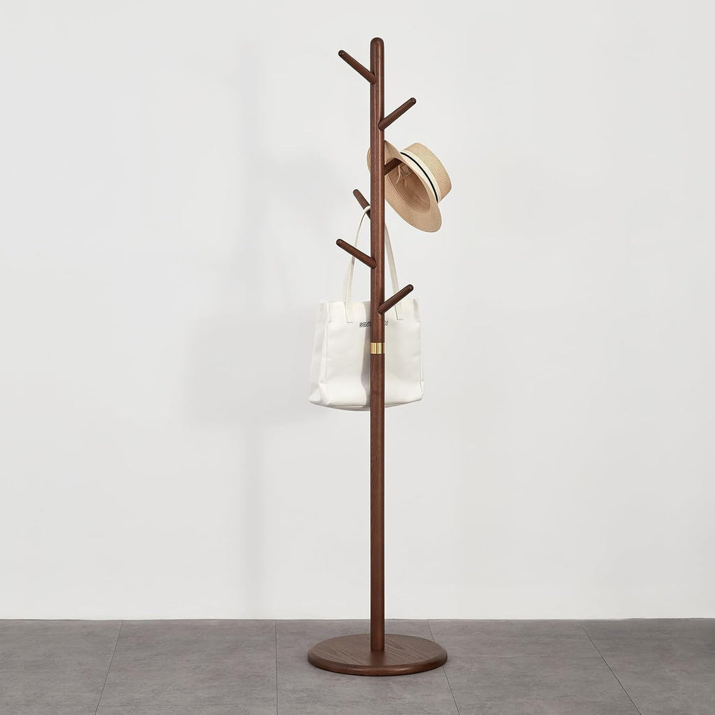 Coat Rack, Solid Wood Coat Rack Freestanding with 6 Hooks, Wooden Coat Tree Freestanding for Hats, Handbags, Coat Stand for Entryway, Bedroom, Hallway - Gift for Her (Walnut)