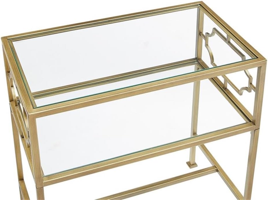 Pemberly Row Rectangular Accent Table, Antique Gold Metal Frame and Clear Tempered Glass, 23.38" W x 13.38" D x 26" H, 2-Tier Design with H-Style Stretcher, Modern Table for Living Room or Entryway