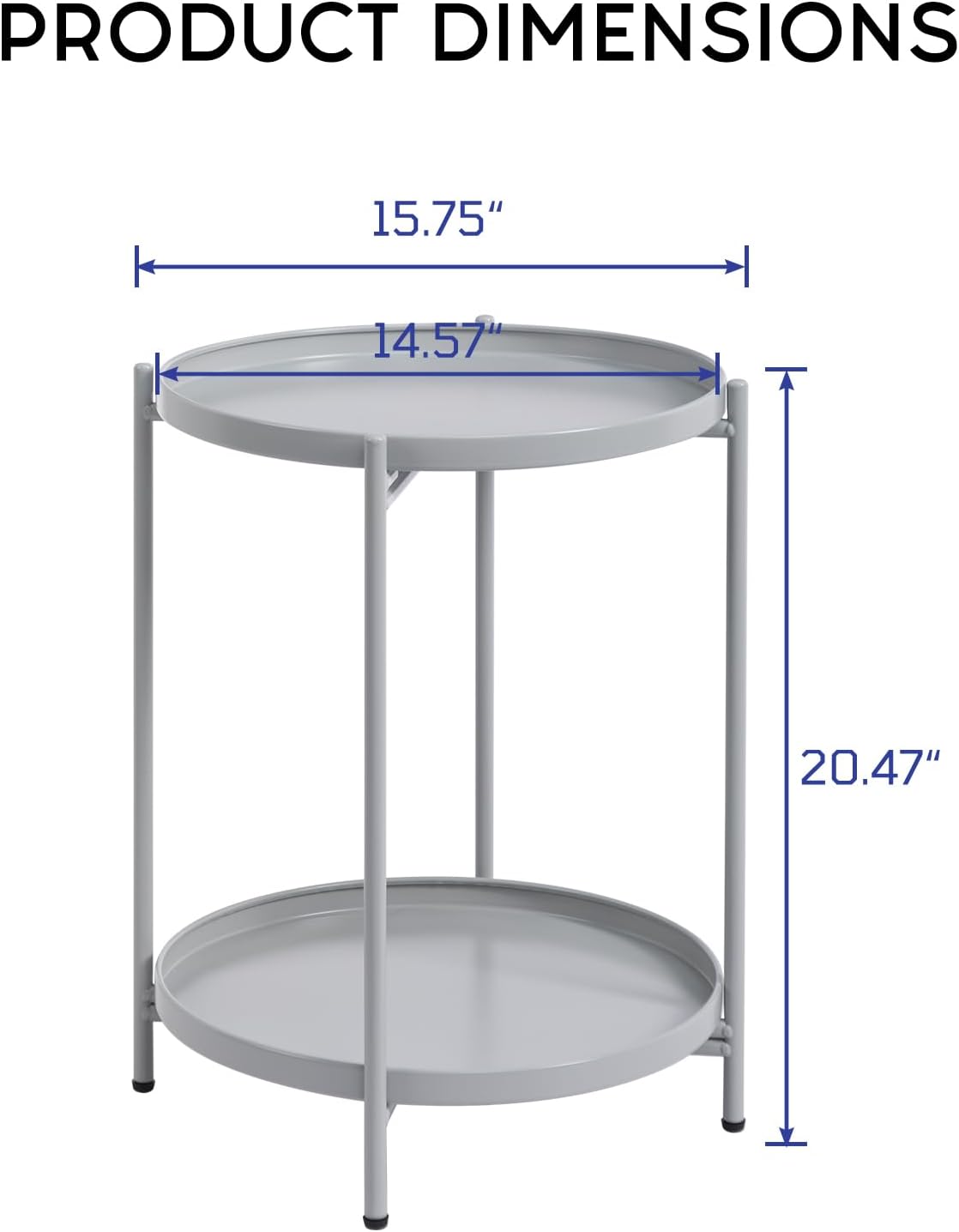 HollyHOME 2-Tier Round Side Table, Outdoor Small Folding Accent Stand with Removable Tray, Anti-Rust Metal Asional Table for Balcony Patio Living Room, Nightstand for Bedroom(Grey)