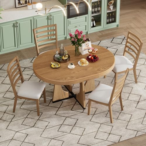 Bellemave Extendable Dining Table Set with 4 Upholstered Chairs, 5-Piece Round Kitchen Table Set with Removable Middle Leaf for Kitchen, Dining Room (Natural)