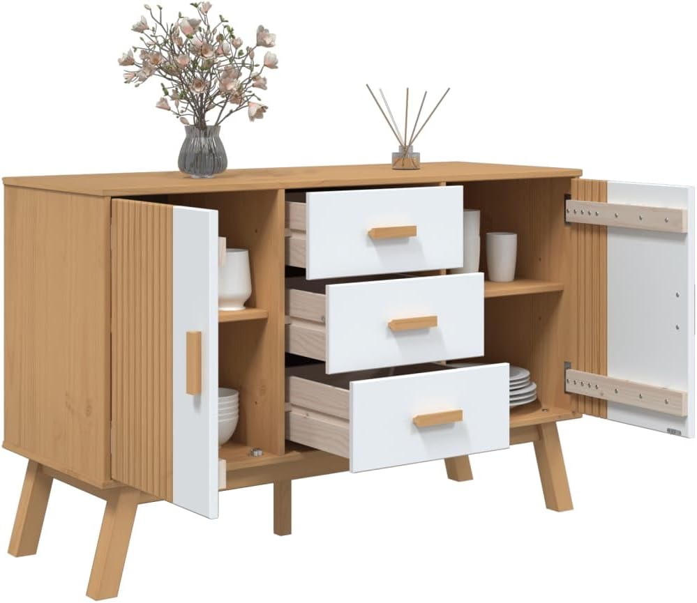 White and Brown Solid Pine Wood Sideboard with Multiple Drawers and Doors for Dining Room Living Room Hallway Storage Modern Scandinavian Design Furniture