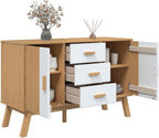 White and Brown Solid Pine Wood Sideboard with Multiple Drawers and Doors for Dining Room Living Room Hallway Storage Modern Scandinavian Design