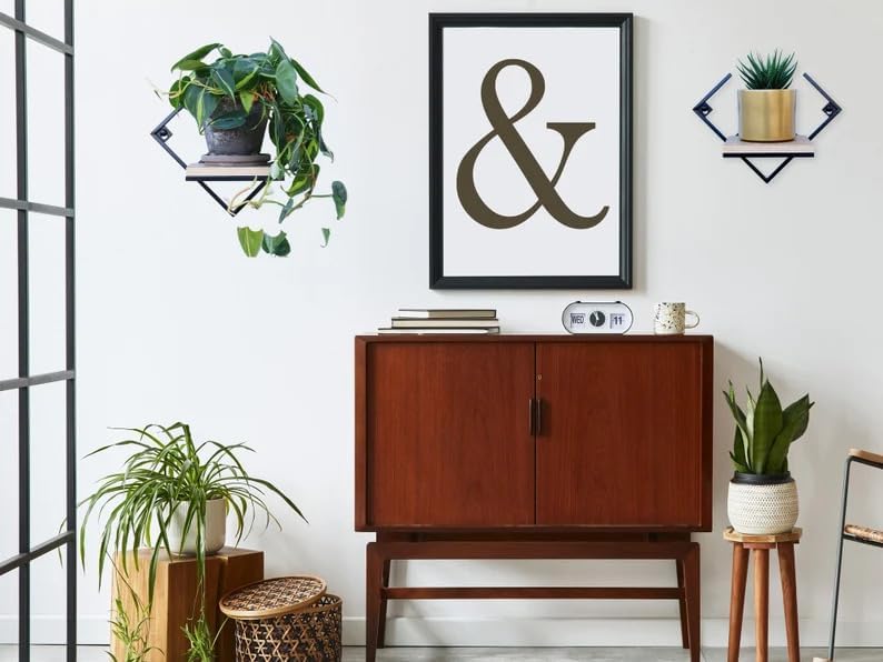 Modern Geometric Wall Mounted Floating Shelf, Black Metal Frame with Wood Board, Decorative Plant Shelf for Living Room Bedroom Bathroom, Small Display Shelf for Succulents Plants