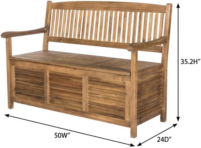 Brown Storage Bench with Acacia Wood, Galvanized Steel Hardware, Oil Finish, 50 Inches Wide, Durable and Weather-Resistant Outdoor Furniture