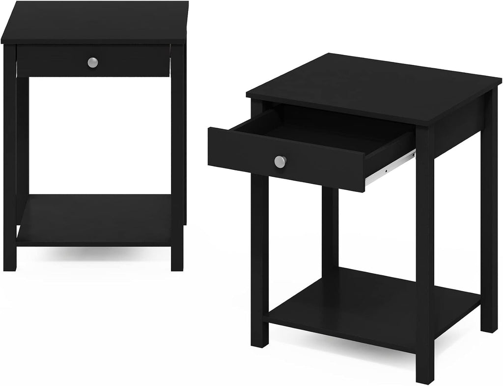 Furinno Classic Side Table Set of 2, 2-Tier Modern End Table with Small Drawer and Open Shelf, Night Stand, Bedside Table, for Living Room, Bedroom, Dark Americano
